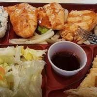 Salmon Bento · Salmon, Cali Roll(4), Gyoza(3), Shrimp Tempura(2)