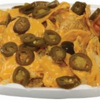 Nachos · Round tortilla chips with nacho cheese and jalapeños.