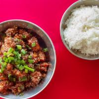 The General'S Chicken · Fried chicken with garlic, scallions, ginger, and chili sauce. Served with rice.