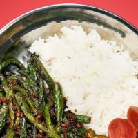 Green Beans · Wok seared green beans with fermented bean paste and ota tofu. Served with rice. Vegan, glut...