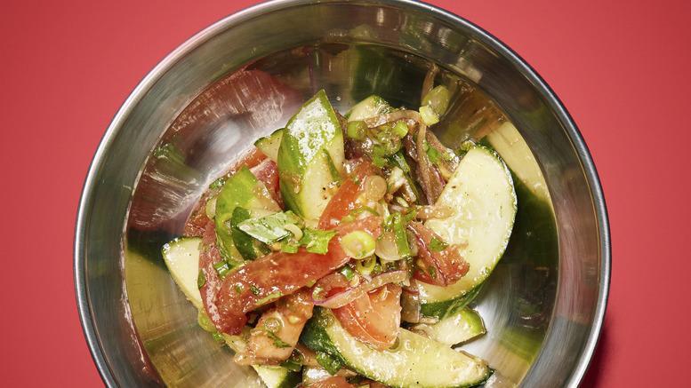 Cucumber Salad · Cucumbers, tomatoes, red onion, scallions and cumin.