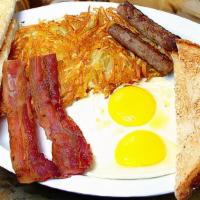 Big Breakfast · Two eggs, two sausages, two bacon strips, hash brown, and toast.