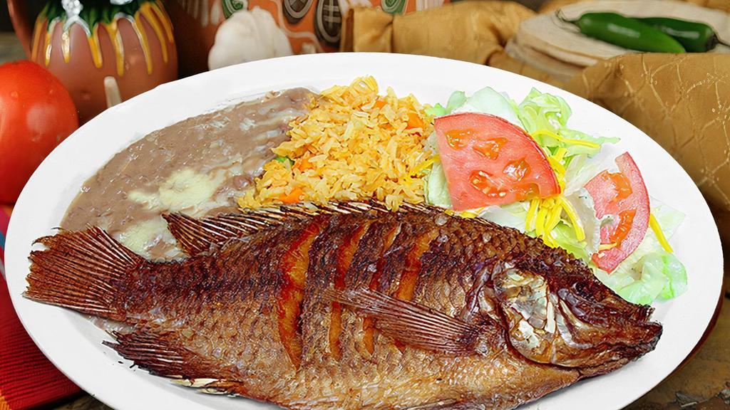 Mojarra Plate · Mojarra (fish) served with rice, beans, your choice of tortillas (three), and a side salad.