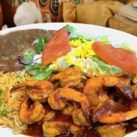 Camarones A La Diabla · double spicy. Shrimp sauteed in a Mexican red sauce. Served with rice, beans, your choice of...
