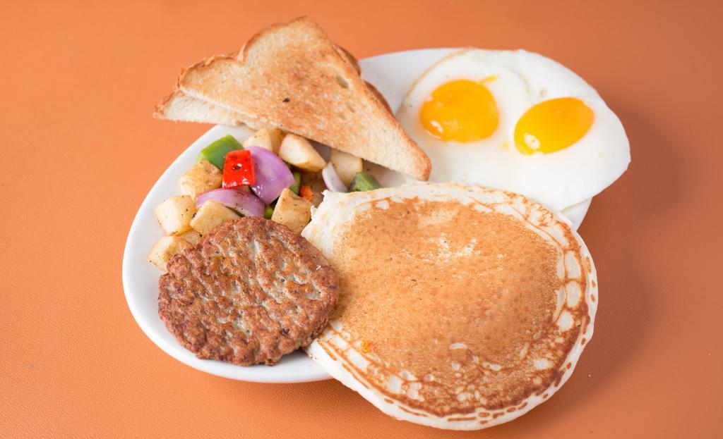House Breakfast · Two eggs any style, potatoes and toast or tortillas, add meat or small pancakes for an additional charge