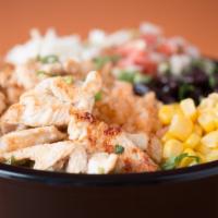 Grande Hearty Bowl · Choice of protein,  lettuce, baby greens, rice, cilantro, black beans, kernel corn, pico de ...