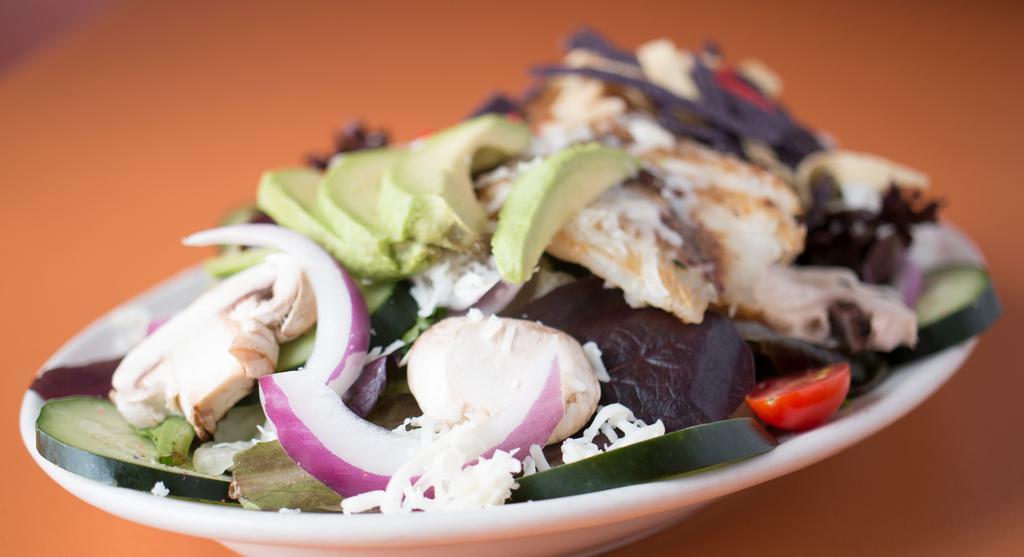 House Salad · Our signature salad, served with lettuce, baby greens, tomatoes, onions, cucumber, mushrooms, avocado, cheese & crispy tortilla strips, served with french dinner roll and dressing on the side