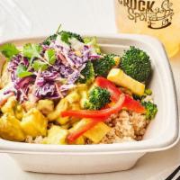 Root Veggie Curry Bowl · Coconut milk based yellow curry with mushroom varietals, potatoes, garlic, ginger, onion, ce...