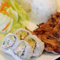 Chicken &1/2 California Roll  · Chicken Teriyaki and 4pcs of California Roll. 
Served with rice and salad.