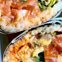 Dancing Salmon Burrito · Contains raw fish. Poke salmon, lettuce, cucumber, avocado, crispy jalapeño, masago