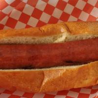 Hot Dog · 1/4 pd All beef cafe hotdog cooked on a char grill to perfection, Placed on a toasted brioch...