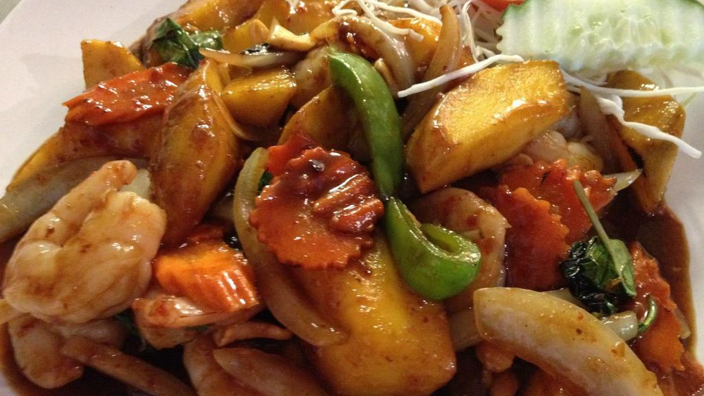 Mango Delight · Stir-fried shrimp with mango, onion, carrot, bell, cashew nut, basil in sweet chili sauce.
