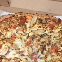 Euro Pizza · Thin crust with white sauce, Canadian bacon, fresh mushrooms, tomatoes, red onions, and gril...
