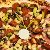 Mexican Pizza · Ground beef, red onions, tomatoes, black olives, topped with salsa, jalapenos, and green oni...