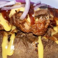 Bbq Pot · Oversized and overstuffed fluffy potato loaded with slow roasted pulled pork or chicken topp...
