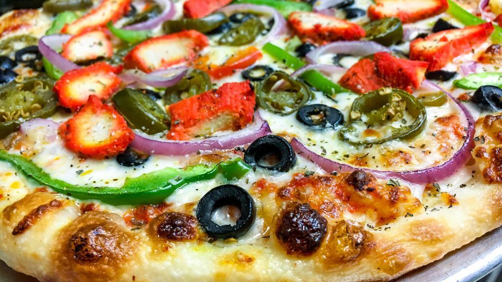 Chicken Tikka · Onions, black olives, jalapenos, bell peppers, and tandoori grilled chicken with Indian spices. Comes with your choice of Indian pizza sauce or red pizza sauce.