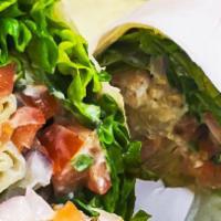 Falafal Wrap · Garbanzo beans patties, fried red onions, roma tomatoes, red leaf lettuce, mozzarella cheese...