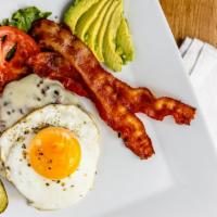 The Rocky Balboa Burger · High protein option with a grilled 8 oz. Hamburger, sunny side up egg, avocado and bacon. Se...
