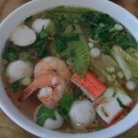 Pho Hai San · Seafood (shrimp, fish balls, and imitation crab meat) noodle soup.