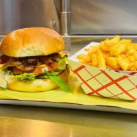 Bacon Cheese Burger · 100% fresh, never frozen, beef patty on a fresh bun, topped with American cheese and bacon, ...