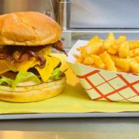 Bacon Double Cheese Burger · Two 100% fresh, never frozen, beef patties on a fresh bun, topped with American cheese and b...