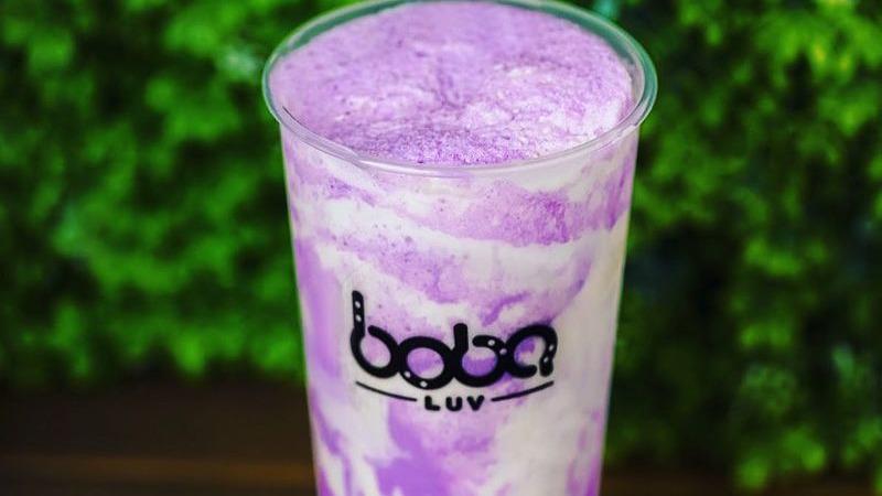 Taro Heaven · Taro smooth with cream cheese whipped around the cup and brown sugar boba on the bottom.