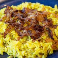 Mujaddara. · A blend of rice and lentils cooked with Mediterranean spices and extra virgin olive oil. Top...