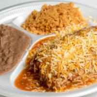 Combo 3 · 2 smothered rellenos with side of beans and rice.