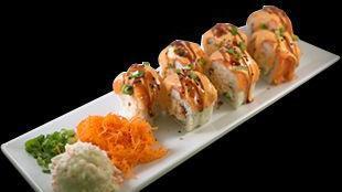 Kamikaze Roll · Filled with cucumber, avocado, Chihuahua cheese and beef. Outside hot crab salad, kamikaze w...