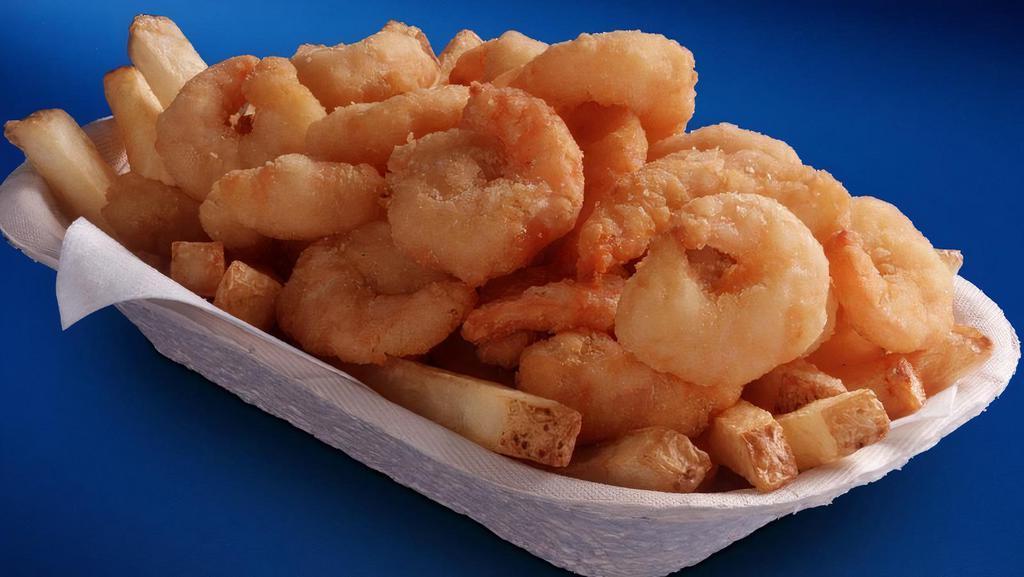 Baby Prawns & Chips · Bite size baby shrimp deep fried and served with French Fries.
