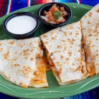 Flour Quesadilla · Grilled Monterey jack cheese on a corn tortilla with pico + sour cream.