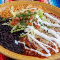 Enchiladas Con Carne · Gluten free. Choice of meat, red or green salsa, cheese and sour cream. (Gluten Free)