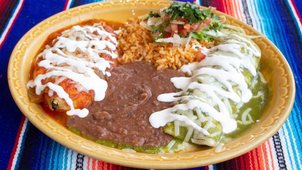 Enchilada/Chile Relleno Combo · Choice of meat or cheese for the enchilada. Choice of chicken or cheese stuffed chile relleno.