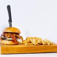 Whiskey Bacon Bbq Burger · 1/2 lb. patty, candied bacon, cheddar, whiskey bbq, garlic aioli, lettuce, tomato, red onion...