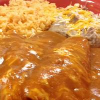 Combo 1 (3 Cheese Enchiladas) · Three cheese enchiladas served with rice and beans.