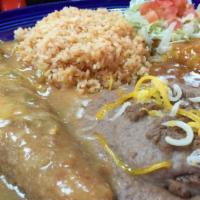 Combo 7 (Cheese Enchilada, Smothered Relleno) · One cheese enchilada, one smothered relleno with rice and beans.