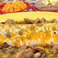 Combo 5 Bertha'S Special Burrito · Bean Burrito smothered in your choice of chili, topped with chicharrone and served with rice...