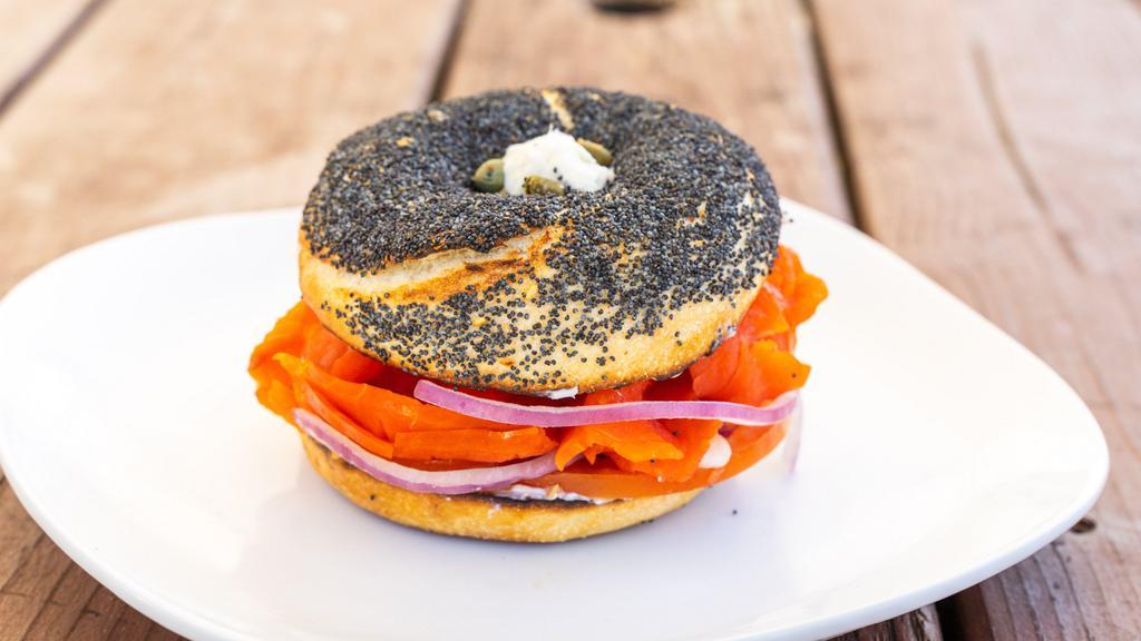 Smoked Lox Bagel Sandwich			 · Choice of Toasted Bagel & Spread with Pacific Smoked Salmon Lox. Also available: Avocado, Capers, Onion & Tomato.