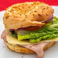 Ham Bagel Sandwich · Choice of Toasted Bagel & Spread, Mayo or Mustard with Ham, Cheddar, Pepper Jack, Provolone ...