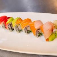 Rainbow Roll · Tuna, salmon, yellowtail, shrimp, avocado on top of a California roll