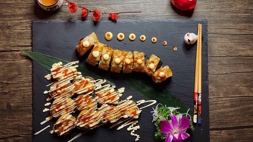 (9) Red Moon Roll & Dancing Roll (Fried) · House favorite. SPICY. DEEP FRIED. COOKED
