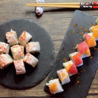 Rainbow Roll -Raw · In : Crabmeat, cucumber, and avocado / Top : Fresh salmon, fresh tuna, red snapper, and avoc...