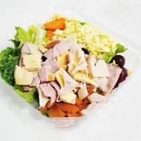 Chef Salad · Our Garden Green Salad, Topped with Ham, Turkey, Egg, American and Swiss Cheese.  * Choice o...