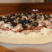 The Pizzapile  · Mozzarella, pepperoni, Italian sausage, mushrooms, black olives.