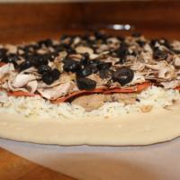 The Pizzapile · Mozzarella, pepperoni, Italian sausage, mushrooms, black olives.