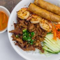 Bun Tom Thit Nuong Cha Gio · Vermicelli noodle with grilled pork, shrimp, egg rolls.