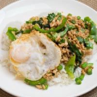 Holy Chicken Over Rice · Gluten free. Stir-fried Minced chicken with gluten free sauce and fried egg over rice .