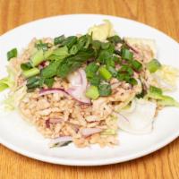 Gluten Free Larb Gai / Chicken Salad · Ground chicken tossed with rice powder, shallot, mints leave, green onions, white onions and...