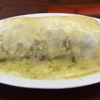 Chile Verde Wet Burrito (Spicy) · Rice, benas, Chile verde meat onions, cilantro, green salsa melted Monterey cheese chips