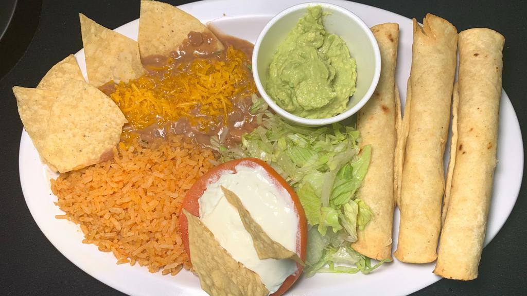 3 Taquitos Plate W/ Rice And Beans · Chicken or shredded beef. Includes rice, beans, salad.